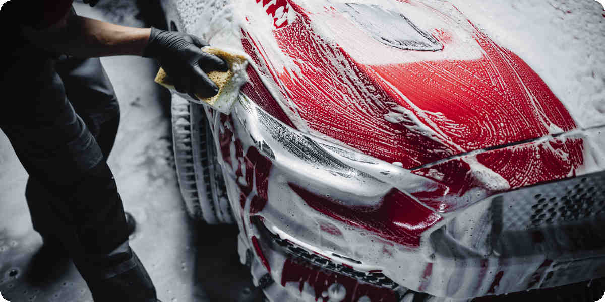 Ein Auto wird mit einem Schwamm gründlich gereinigt.